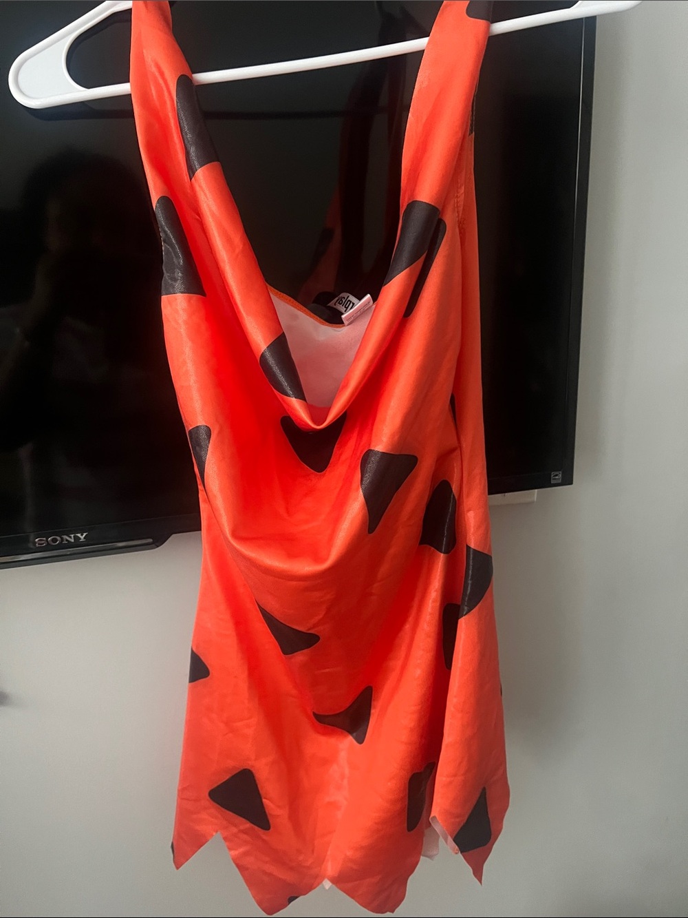 Fashion Nova Orange Cowl Neck Dress with Black Triangle Print